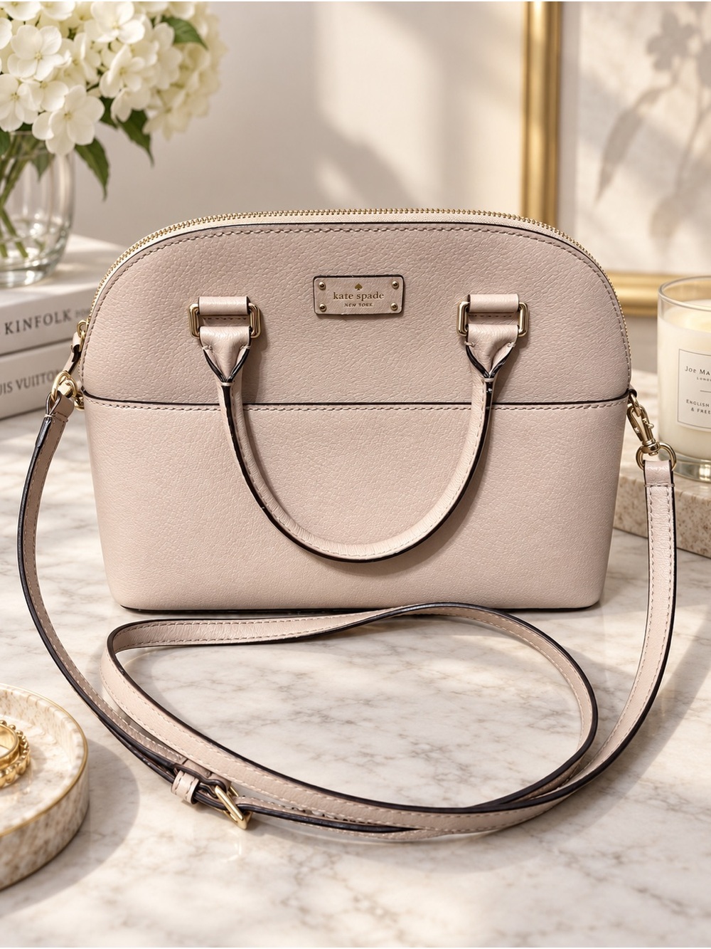 kate spade new york blush beige pebbled leather dome satchel crossbody bag